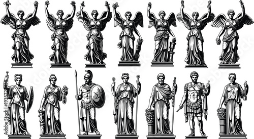 Ancient Greek and Roman Mythology Statue Collection with Classical Gods, Goddesses and Winged Angels Sculptures Isolated Illustration Set for History, Culture, Heritage and Art Design
