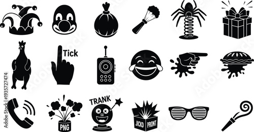 Collection of various black silhouettes including animals objects and cartoon characters in a grid layout silhouette
