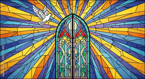 Vibrant stained glass window with dove and heavenly light