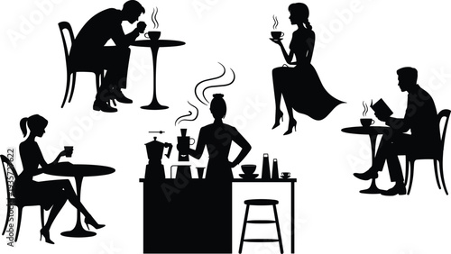 Cafe coffee drinking silhouettes, people sitting reading and barista serving, cozy coffee shop scene isolated on white background illustration design