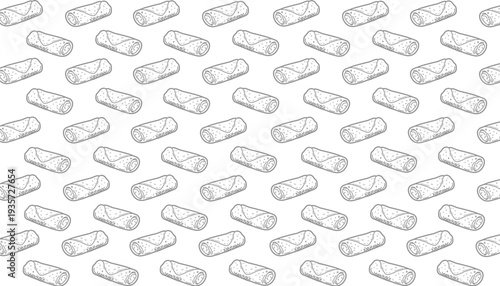 Spring Roll Seamless Pattern. Asian Lumpia Repeating Motif. Hand Drawn Outline Illustration. Monochrome And Color Variations. Street Food Textile Packaging Design.