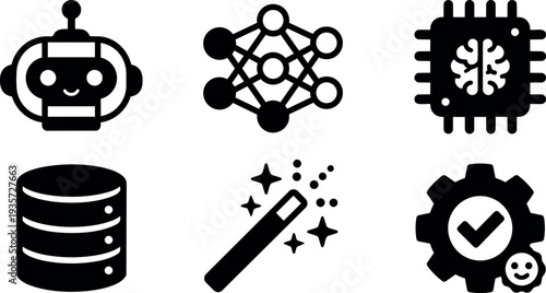 Flat design ai and machine learning icon set robot neural network brain chip database magic wand settings gear checklist smiling