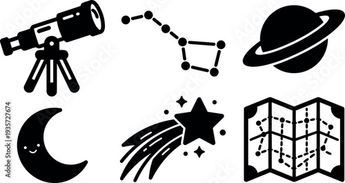 Flat design minimalist celestial icon set with telescope moon planet shooting star constellation map playful smiling moon black vector icons