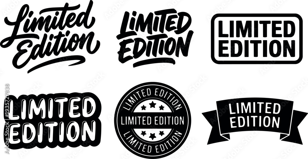 Obraz premium Vintage badge and stamp vector set with six limited edition typography styles in black isolated on transparent background editable scalable