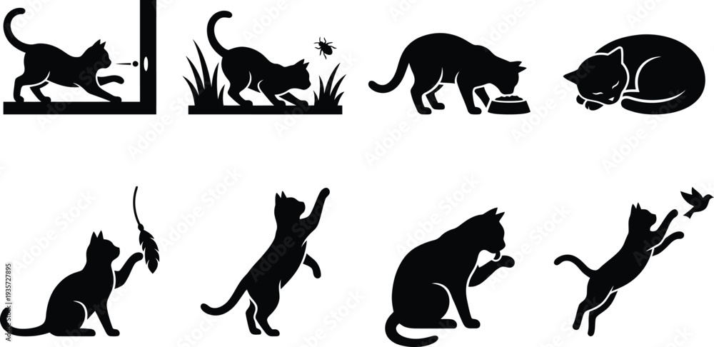 Obraz premium Black Cat Silhouette Icon Set Showing Various Domestic Feline Behaviors for Veterinary Clinics, Pet Care Branding & Animal Welfare Graphics (EPS)
