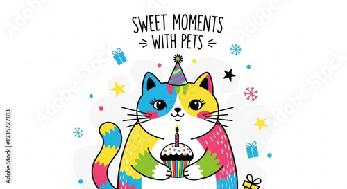 Colorful cat in party hat holding cupcake with candle surrounded by confetti and gifts