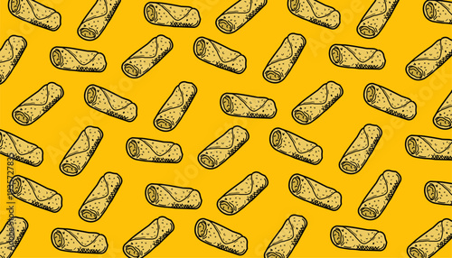 Spring Roll Seamless Pattern. Asian Lumpia Repeating Motif. Hand Drawn Outline Illustration. Monochrome And Color Variations. Street Food Textile Packaging Design.