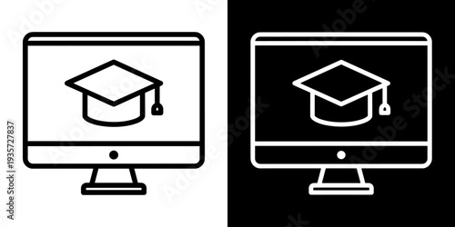 Online Course icon concept in flat black and white style on clean background vector illustration design