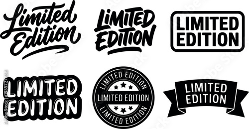 Vintage badge and stamp vector set with six limited edition typography styles in black isolated on transparent background editable scalable