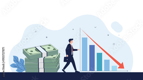 Economic recession and financial loss concept showing a businessman walking past a falling profit graph and cash piles.