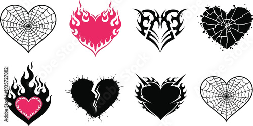 Collection of professional heart tattoo designs featuring flaming hearts, tribal aesthetic patterns, spider web textures, broken glass effects, and edgy black and pink illustrations.