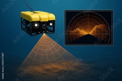 An ROV explores the ocean floor using sonar technology. This remotely operated vehicle visualizes the underwater terrain effectively.