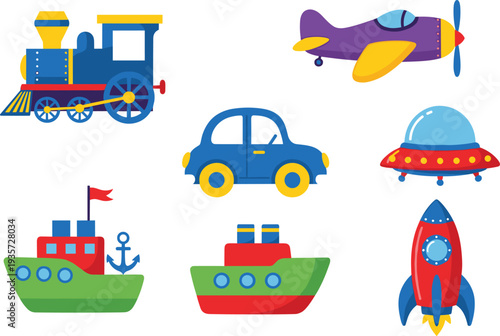 Cartoon Transportation Vehicle Icon Set Featuring Train Airplane Car Ship Cargo Boat Rocket and Flying UFO Transport Elements.