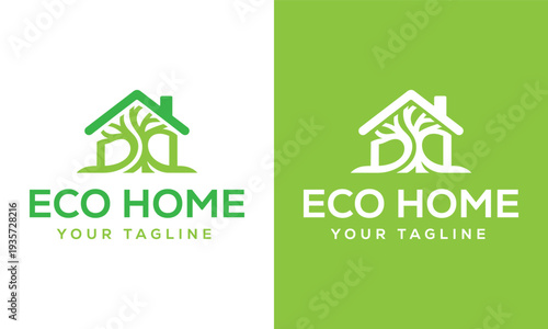 A modern logo design featuring a house shape integrated with a tree alongside the text eco home