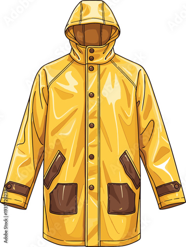 Professional vector illustration of a yellow waterproof hooded raincoat with brown pockets and buttons for foul weather gear