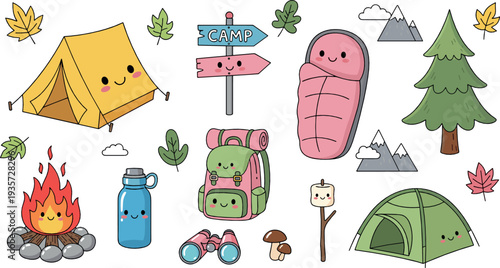 Cute camping cartoon vector illustration set with tent campfire backpack sleeping bag forest and outdoor adventure elements