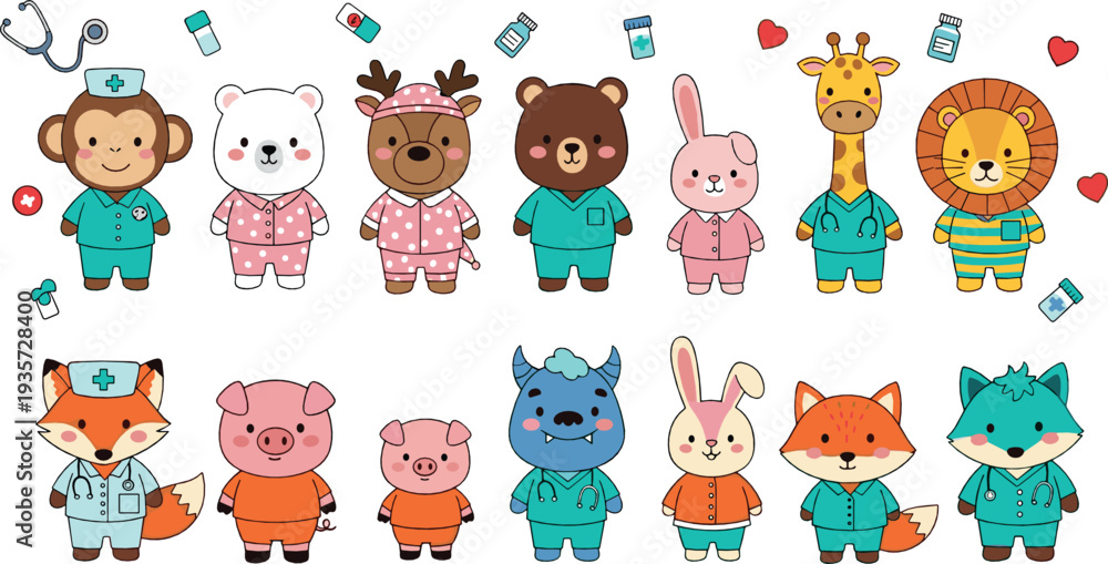 Fototapeta premium Cute cartoon animals in medical uniforms flat vector illustration set with doctor nurse outfits stethoscope and healthcare theme characters