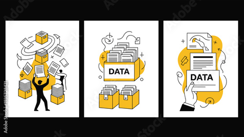 Data management and document organization systems with professionals sorting physical and digital files for efficient business storage.