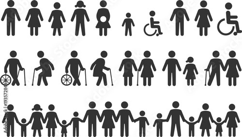 Family and people icons silhouettes showing age diversity, disability inclusion and generations together isolated on white background illustration