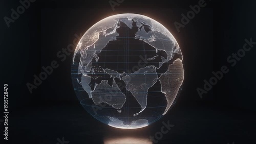 Digital Earth Globe Spinning with Glowing Continents on Dark Background