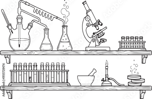 Scientific Chemistry Laboratory Equipment on Shelves Illustration