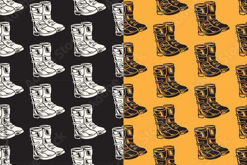 Motocross footwear retro seamless pattern on black yellow background set for merchandise. Off road riding boots vintage pattern background. Dirt bike racing boots illustration motif wallpaper