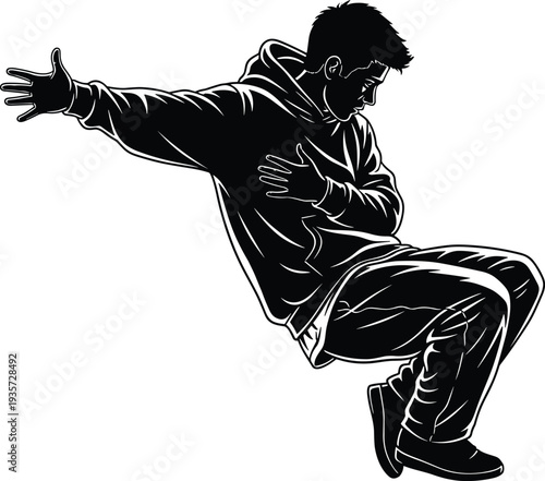 Breakdance silhouette, hoodie dancer, street style, athletic move, dynamic pose, urban culture, hip hop art, motion, energy, performance, freestyle