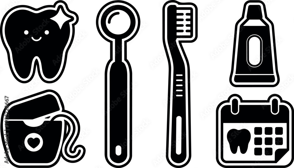 Fototapeta premium Sticker style black and white dental icon set close up smiling tooth mirror toothbrush toothpaste floss calendar vector bold outline