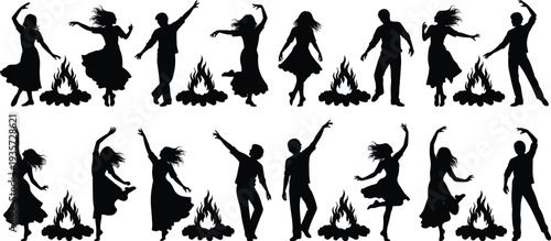 Campfire dance silhouettes, festive fire celebration, cultural ritual, dancing figures, communal rhythm, traditional event, flames and rocks, night festival art