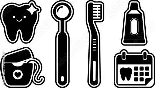 Sticker style black and white dental icon set close up smiling tooth mirror toothbrush toothpaste floss calendar vector bold outline