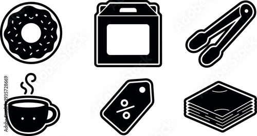 Flat design bold outline food icon set donut coffee cup takeout box tongs price tag napkins six isolated icons arranged