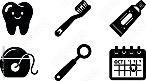 Flat icon set of dental hygiene symbols with toothbrush toothpaste floss tooth mirror calendar appointment minimal black and white vector