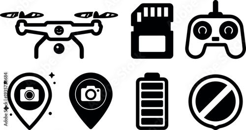 Flat icon set showing drone camera controller sd card camera pin battery and prohibited symbol in black minimal vector solid