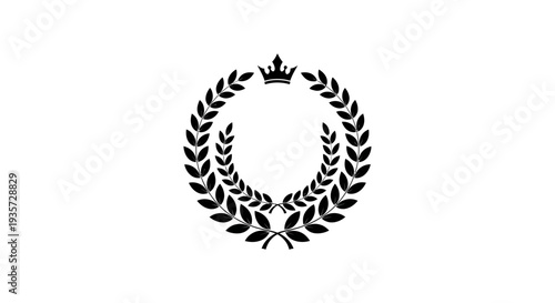 Black Laurel Wreath with Crown Icon, Symbol of Victory, Achievement, and Royalty