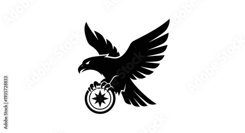Black Eagle Silhouette with Compass Star Symbol - Freedom, Power, and Guidance Icon