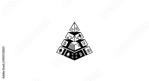 Blockchain pyramid structure with cryptocurrency symbols