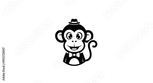Charming Cartoon Monkey with Hat and Bow Tie - Dapper Animal Character Illustration