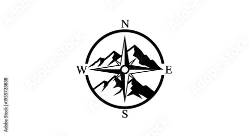 Compass Rose with Mountain Silhouette - Navigation and Adventure Concept