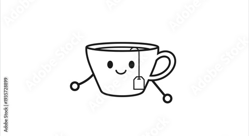 Cute Anthropomorphic Teacup with Tea Bag Line Art Illustration