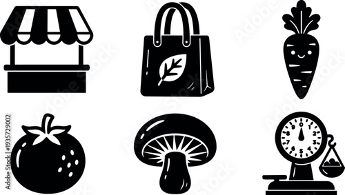 Flat design organic market icon set with stall tote bag carrot tomato mushroom weighing scale simple bold vector silhouettes collection