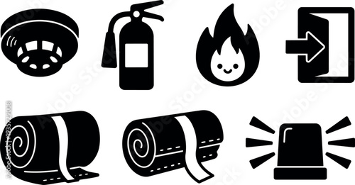 Flat icon set fire safety smoke detector extinguisher exit blanket flame siren simple vector black symbols emergency signs isolated collection