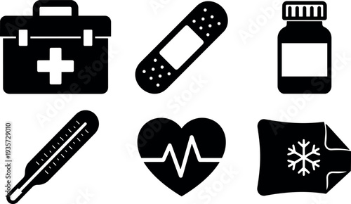 Flat design bold medical icon set first aid kit bandage pill bottle thermometer heart pulse ice pack symbols simple monochrome