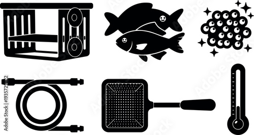 Flat design top view fishing crate two fish fish roe landing net hose and thermometer silhouette icons black simple set