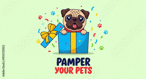 Cute pug dog peeking out of blue gift box with colorful confetti and paw prints pampering pets concept