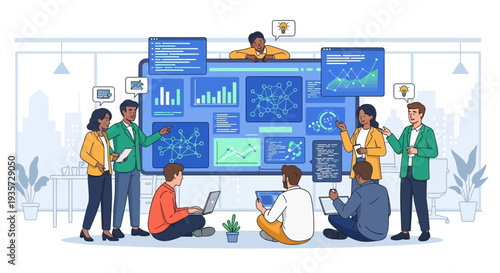Diverse Team Collaborating on Data Analysis and Business Intelligence Dashboard