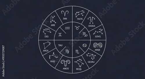Astrology Zodiac Wheel with Constellations and Symbols.