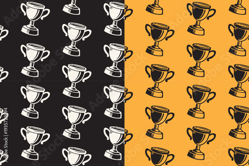 Racing championship cup retro seamless pattern on black yellow background set for merchandise. Motorsport winner trophy vintage pattern background. Award cup championship rustic motif wallpaper