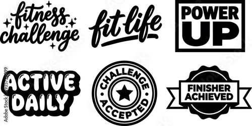 Flat design fitness badge composition showing six black and white hand lettered wordmarks and seals on white background close up