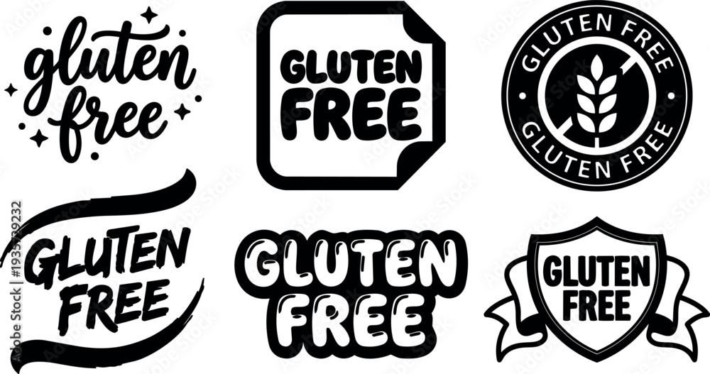 Obraz premium Flat badge vector set of six gluten free labels with hand lettered script stamp and shield emblems for packaging design