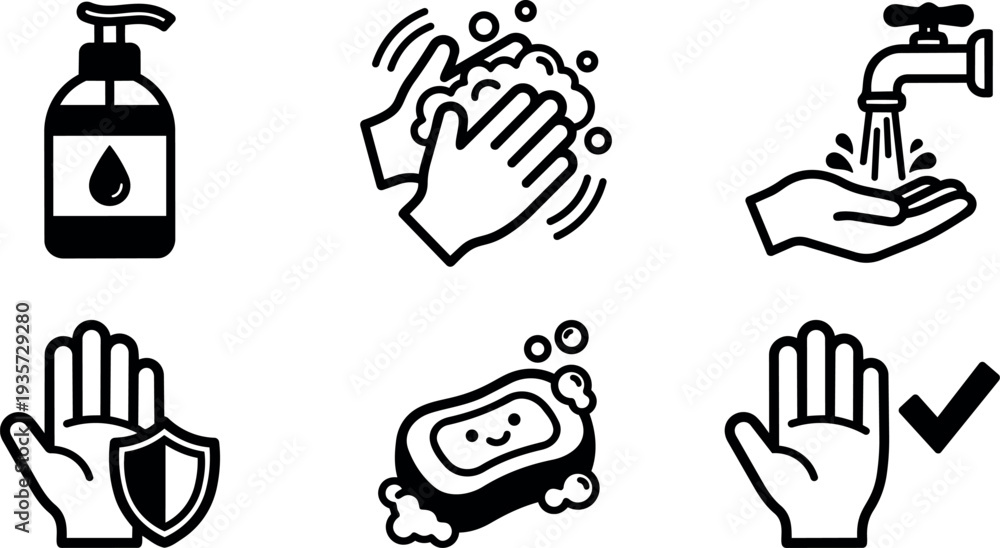 Fototapeta premium Line art hand washing icon set six icons soap pump lather faucet sponge protective hand with checkmark clean hygiene vector